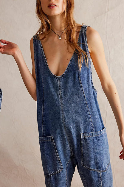 Sofia®| V Hals Zakken Mouwloze Denim Jumpsuits