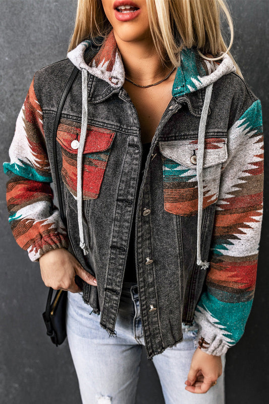 Aztec Print Frayed Hem Denim Jacket - jackets - Sunny Angela