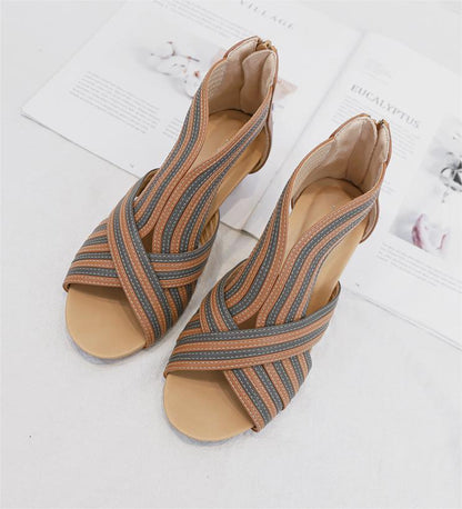 Bohemian Color Block Leather Wedge Sandals