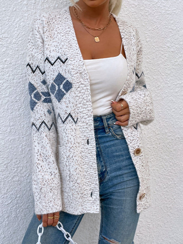 Women's Knit Cardigan Sweater with Snowflakes and Pockets in 4 Colors S-L - Wazzi's Wear