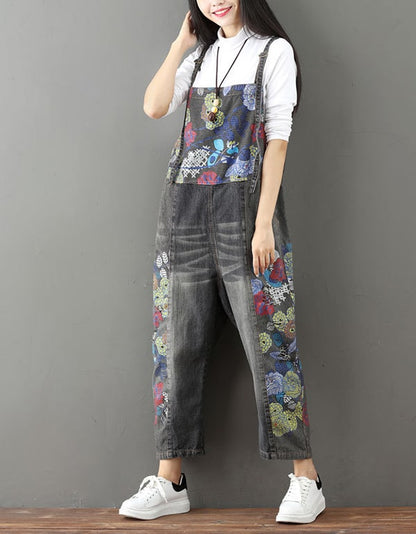 Flower Printed Denim Overalls Loose Retro Jumpsuit New arrivals Women's Clothing 54.00