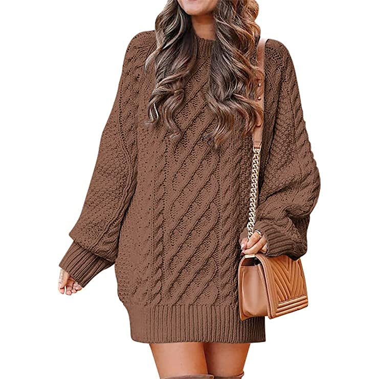 Women Crewneck Long Sleeve Oversized Cable Knit Chunky Pullover Short Sweater Dresses Brown __stock:50 casual dresses clothes dresses refund_fee:1200