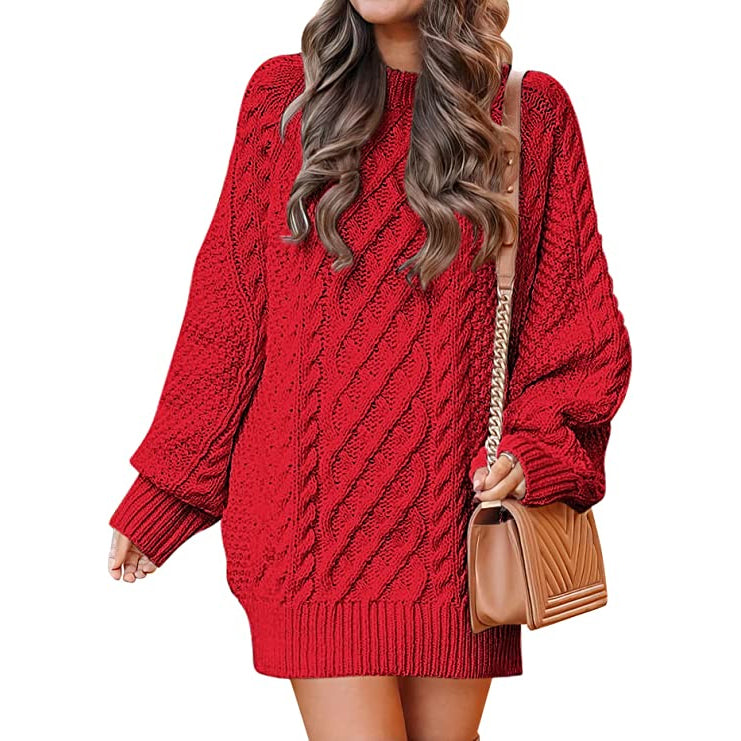 Women Crewneck Long Sleeve Oversized Cable Knit Chunky Pullover Short Sweater Dresses Black __stock:50 casual dresses clothes dresses refund_fee:1200