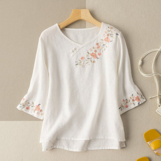 Women Spring Summer Retro Floral Embroidery Cotton Linen T-Shirt