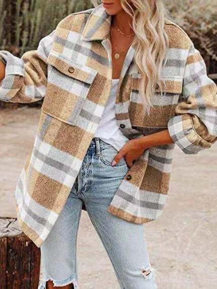 Women's Coats Woolen Plaid Button Long Sleeve Shirt Coats - Coats & Jackets - INS | Online Fashion Free Shipping Clothing, Dresses, Tops, Shoes - 24/09/2021 - 30-40 - COA2109241161