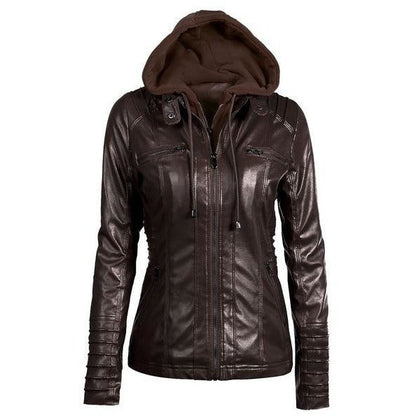 Womens Leather Button-Up Collar Jacket - The Hoodie Store