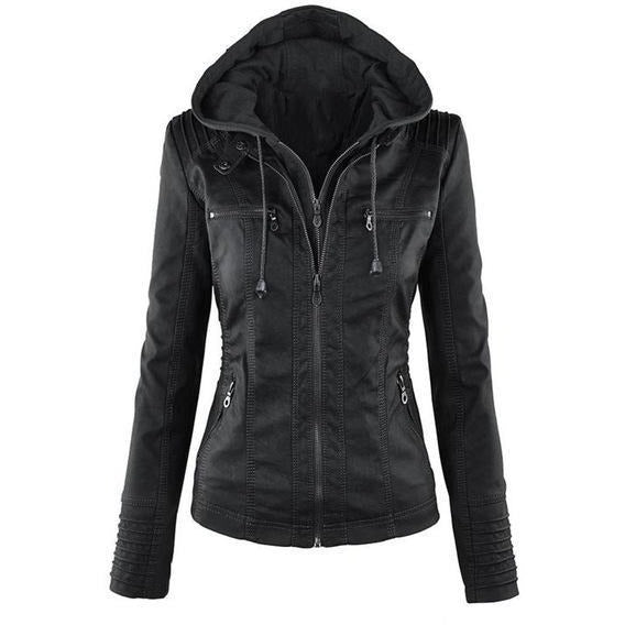 Womens Leather Button-Up Collar Jacket - The Hoodie Store