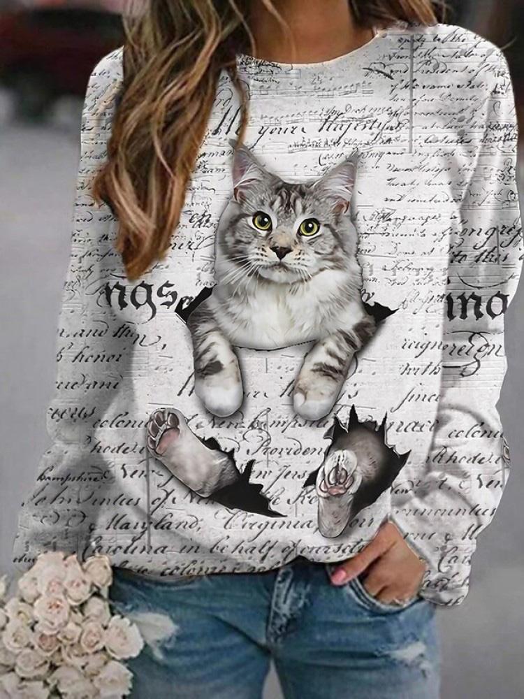 Women's T-Shirts Round Neck Long Sleeve Cat Letter Print T-Shirts - T-Shirts - INS | Online Fashion Free Shipping Clothing, Dresses, Tops, Shoes - 04/09/2021 - 20-30 - Category_T-Shirts